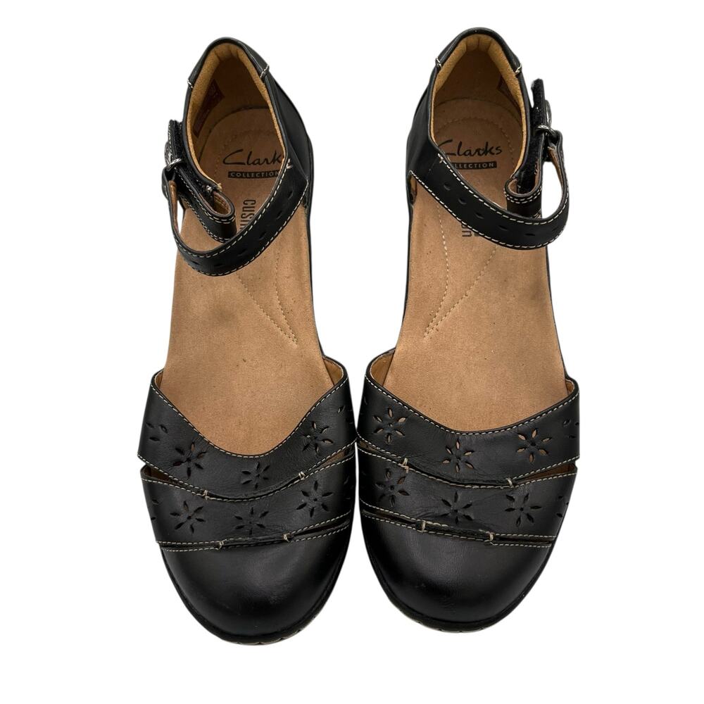 Clarks Collection Black Leather Mary Jane Shoes Comfort Cushion Heel Size 7M